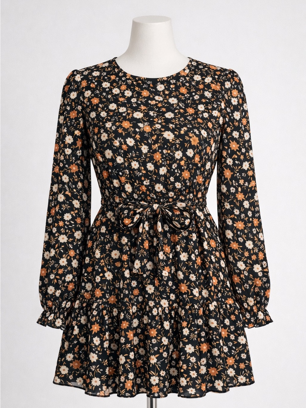 Black Floral Tie-Waist Long Sleeve Dress by Blu Pepper size Large